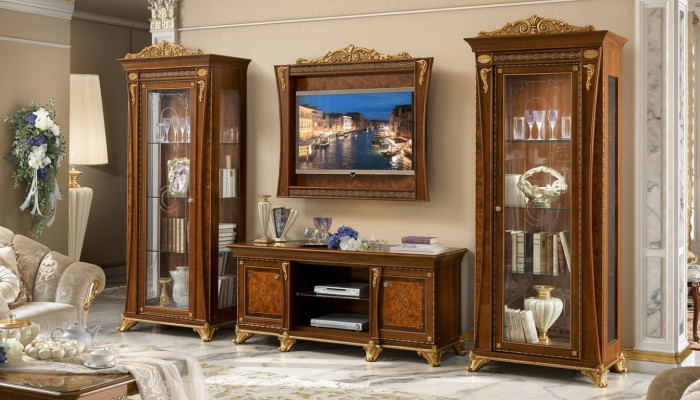 4-piece set: living room RTV, 2x display cabinet, TV frame, wood, luxury ensemble group, Italy