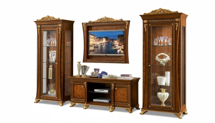 4-piece set: living room RTV, 2x display cabinet, TV frame, wood, luxury ensemble group, Italy