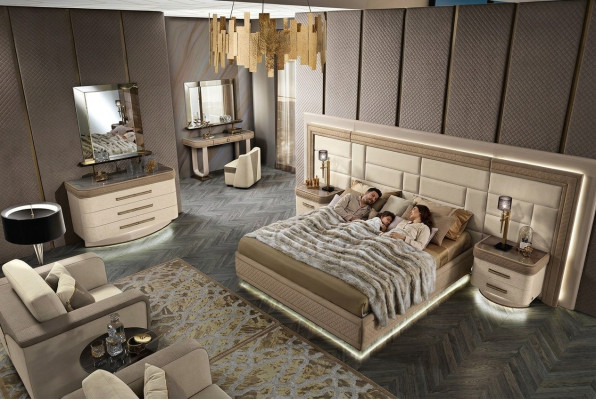 Luxury bedroom design with bed, 2 nightstands, dresser set, 8-piece set.