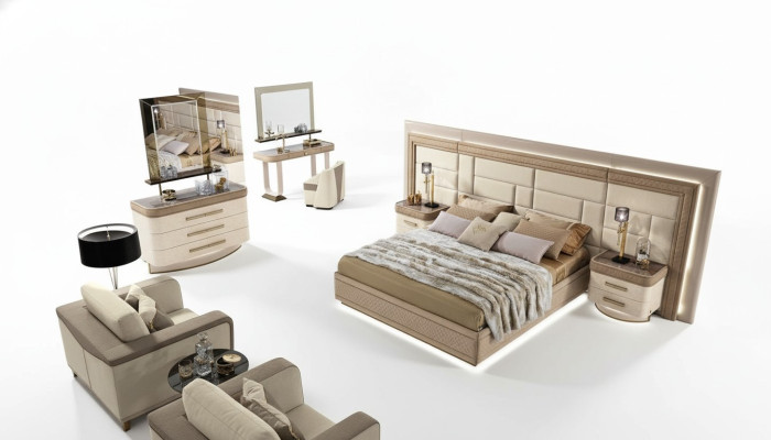 Luxury bedroom design with bed, 2 nightstands, dresser set, 8-piece set.