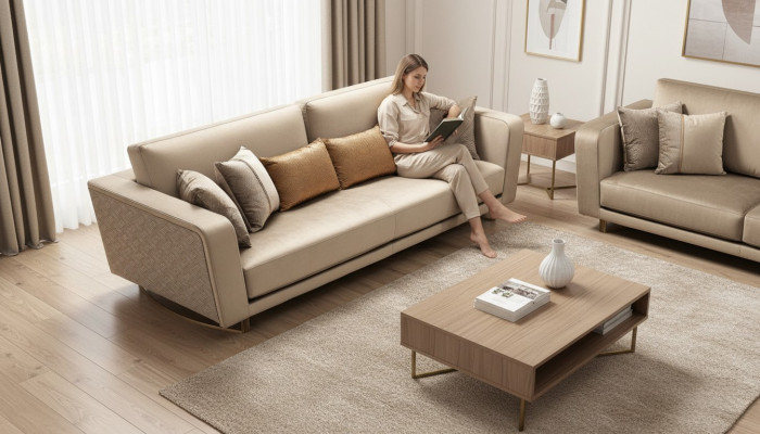 Designer three-seater upholstered sofa with modern design for the living room