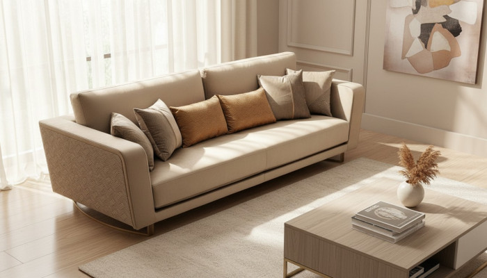 Designer three-seater upholstered sofa with modern design for the living room