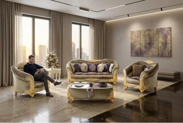 Classic living room set with 3+2+1 sofas and a coffee table with gold inlays.