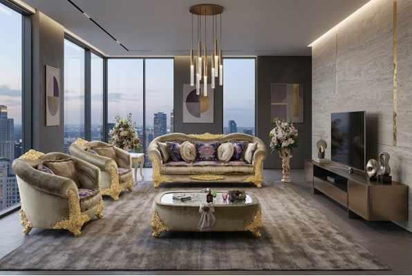 Classic living room set with 3+2+1 sofas and a coffee table with gold inlays.