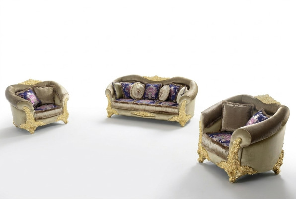 Classic living room set with 3+2+1 sofas and a coffee table with gold inlays.