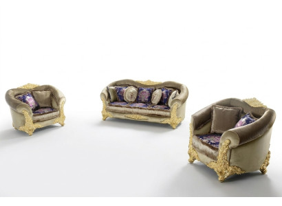 Classic living room set with 3+2+1 sofas and a coffee table with gold inlays.