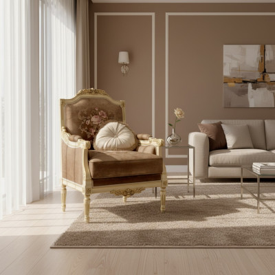 Classic designer armchair made of wood with carved details