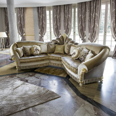 Sectional L-shaped couch upholstered in fabric, sofa design, luxury living room seating.