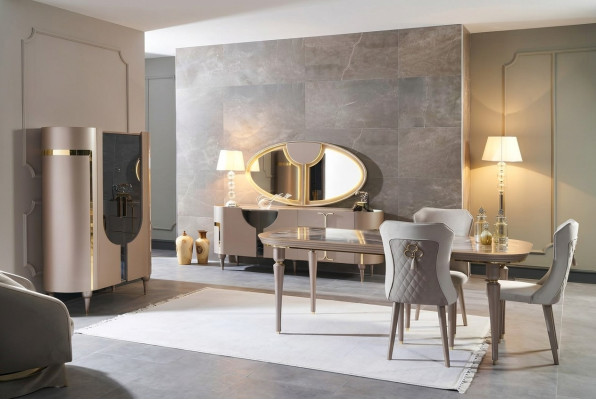Design dining room set, 8-piece: dining table, chair, sideboard, display cabinet, mirror, dining tables, wood.