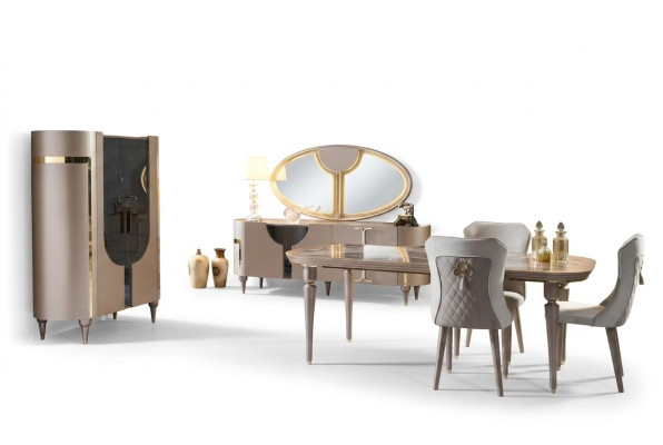 Design dining room set, 8-piece: dining table, chair, sideboard, display cabinet, mirror, dining tables, wood.