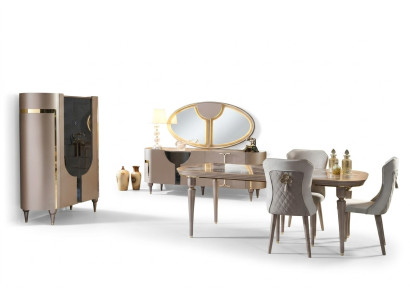 Design dining room set, 8-piece: dining table, chair, sideboard, display cabinet, mirror, dining tables, wood.