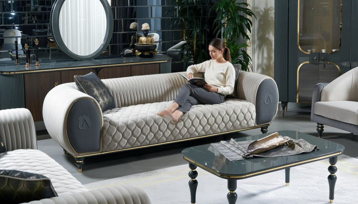 Three-seater sofa, 3-seater fabric luxury couch, large upholstered 230 cm designer