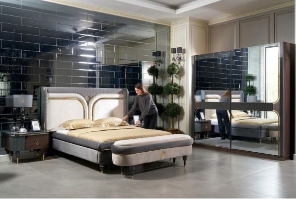 Bedroom set bed, nightstand, wardrobe, stool, luxury design, 5-piece set.