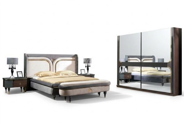 Bedroom set bed, nightstand, wardrobe, stool, luxury design, 5-piece set.