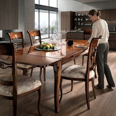 Modern dining room table, sliding table, natural wood design, real wood furniture dining table.