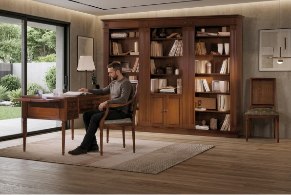 Desk and chair made of wood with armrests, bookshelf, office furniture design, 3-piece set