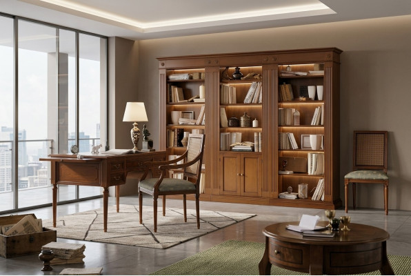 Desk and chair made of wood with armrests, bookshelf, office furniture design, 3-piece set