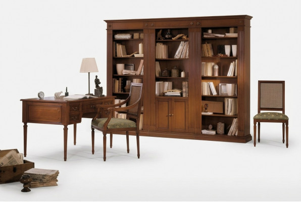 Desk and chair made of wood with armrests, bookshelf, office furniture design, 3-piece set