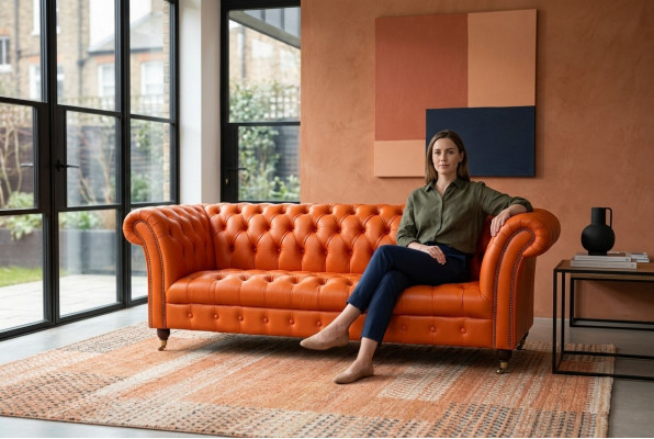 Designer Sofa 3-Seater Chesterfield Couch Upholstered Sofas Design Orange