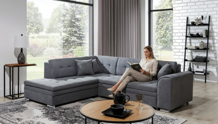 L-shaped designer living area sofa couch upholstered seating set textile