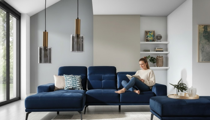 Designer sofa couch corner sofa fabric upholstery suite living landscape L-shaped blue