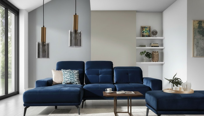 Designer sofa couch corner sofa fabric upholstery suite living landscape L-shaped blue