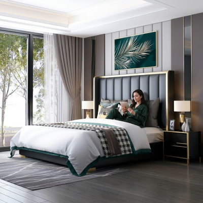 Luxury Bed Bedroom Italian Leather Upholstered Double Beds Metal