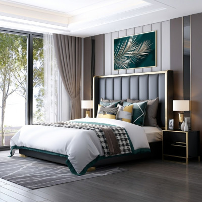 Luxury Bed Bedroom Italian Leather Upholstered Double Beds Metal