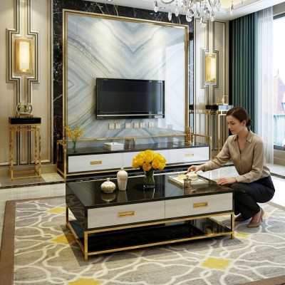 Luxury Metal Coffee Table Gold Black High Gloss Sofa Living Room Table