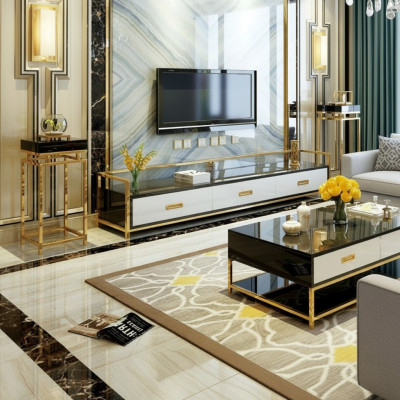 Luxury Metal Coffee Table Gold Black High Gloss Sofa Living Room Table