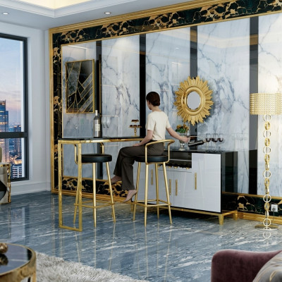 Luxury Stainless Steel Glass House Bar 4-Piece Set Bar Table 2x Bar Stool Cabinet