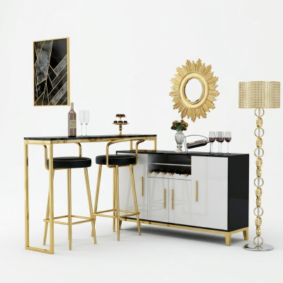 Luxury Stainless Steel Glass House Bar 4-Piece Set Bar Table 2x Bar Stool Cabinet
