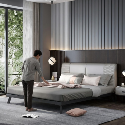 Luxury Design Leather Bed Metal Gold Beds Upholstered Hotel 180x200cm Gray