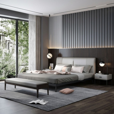 Luxury Design Leather Bed Metal Gold Beds Upholstered Hotel 180x200cm Gray