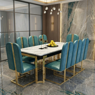 Stainless Steel Marble Imitation Table + 8 Upholstered Chairs Dining Room Set