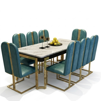 Stainless Steel Marble Imitation Table + 8 Upholstered Chairs Dining Room Set