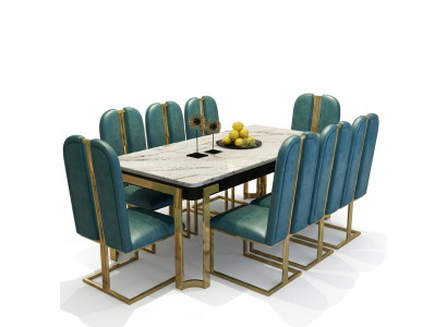 Stainless Steel Marble Imitation Table + 8 Upholstered Chairs Dining Room Set