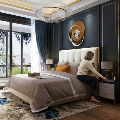 Luxury design leather bed metal gold beds upholstery hotel bedroom
