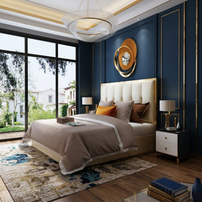 Luxury design leather bed metal gold beds upholstery hotel bedroom