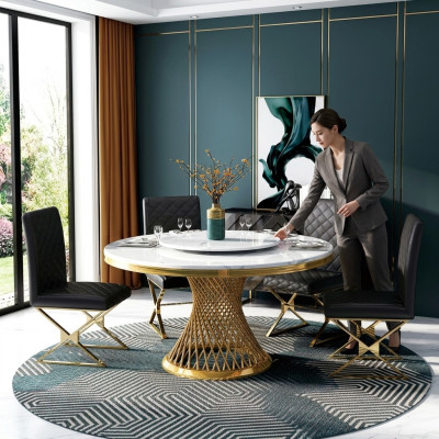 Italian dining room furniture round table + upholstered chair dining set ensemble