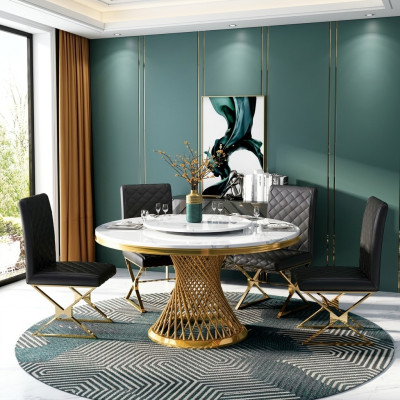 Italian dining room furniture round table + upholstered chair dining set ensemble