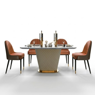 Luxury Dining Table Leather + Stainless Steel Marble Imitation Stone Table Dining Room