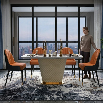 Luxury designer dining room with round dining table & 4 upholstered metal chairs