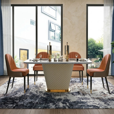 Luxury designer dining room with round dining table & 4 upholstered metal chairs