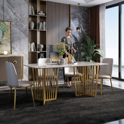 Luxury dining table leather + stainless steel marble imitation stone dining room table