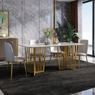 Luxury dining table leather + stainless steel marble imitation stone dining room table