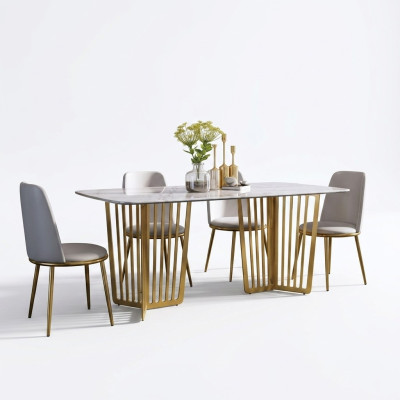 Luxury dining table leather + stainless steel marble imitation stone dining room table