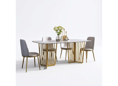 Luxury dining table leather + stainless steel marble imitation stone dining room table