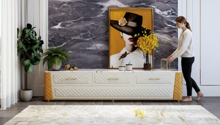 Sideboard TV Lowboard RTV XXL Cabinet Table Living Room Wood Marble