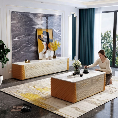 Sideboard TV Lowboard RTV XL Cabinet Coffee Table Marble Imitation 2-piece